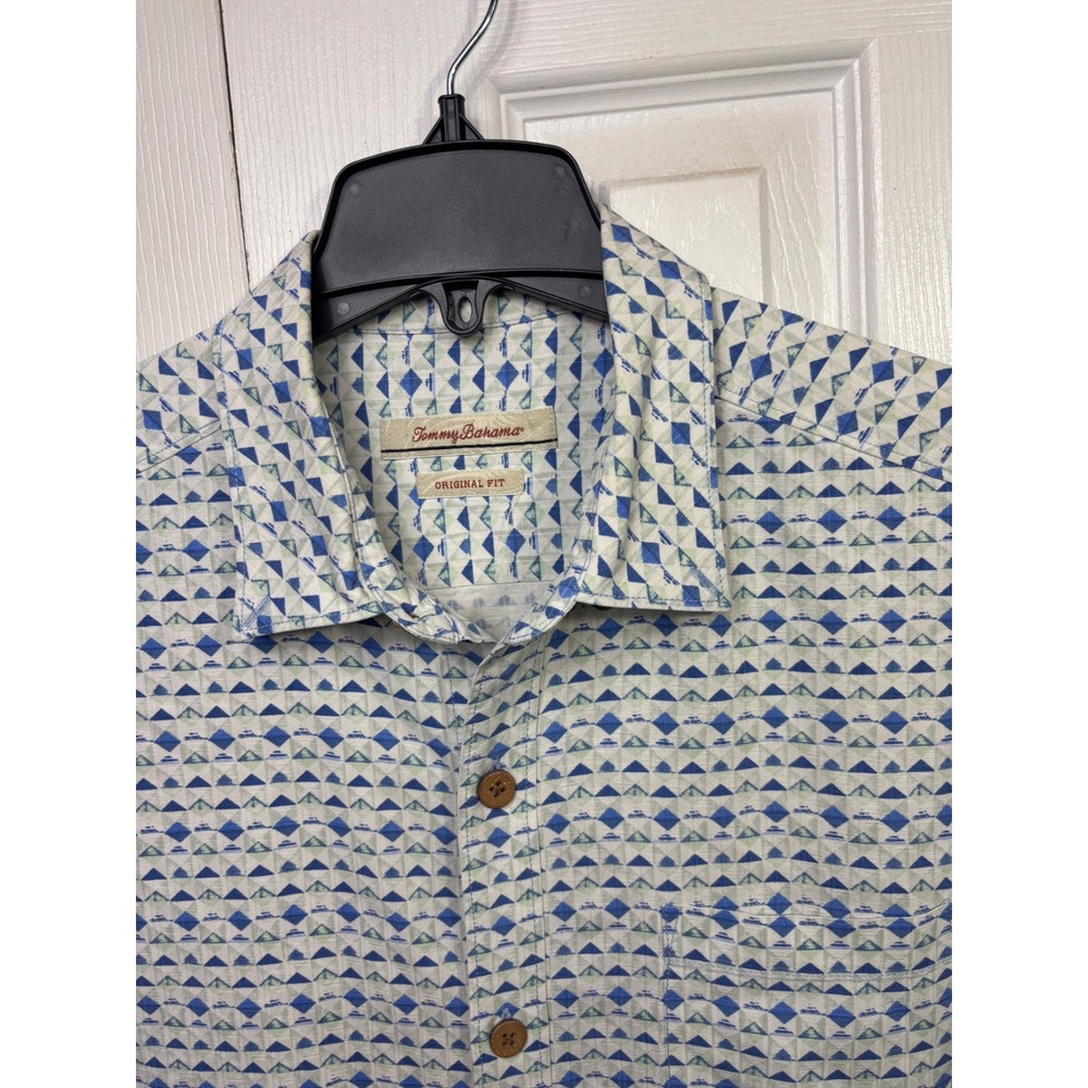 Tommy Bahama‎ Short Sleeve Button Down Shirt Geometric Pattern 100% Silk Large